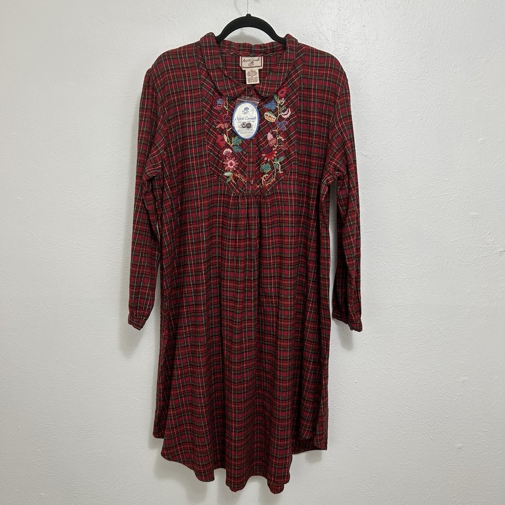 VTG April Cornell Red Plaid Flannel Nightgown Cottagecore Cabincore Prairie XL